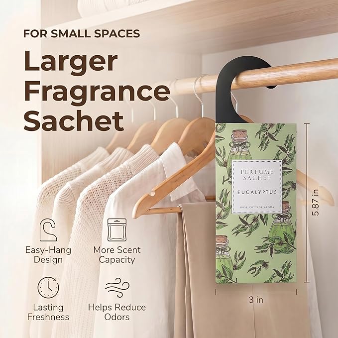 ROSE COTTAGE Large 12 Packs Eucalyptus Hanging Closet Deodorizer Air Freshener Long Lasting Scented Sachets Smell Goods for House