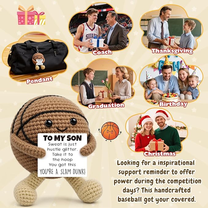 Inspirational Graduation Gifts for Son 2026 from Mom Dad, Handcrafted Crochet Basketball Keepsake, Basketball Gifts for Teen Boys Adult Bonus Son, Motivational Sports Desk Room Decor Accessories