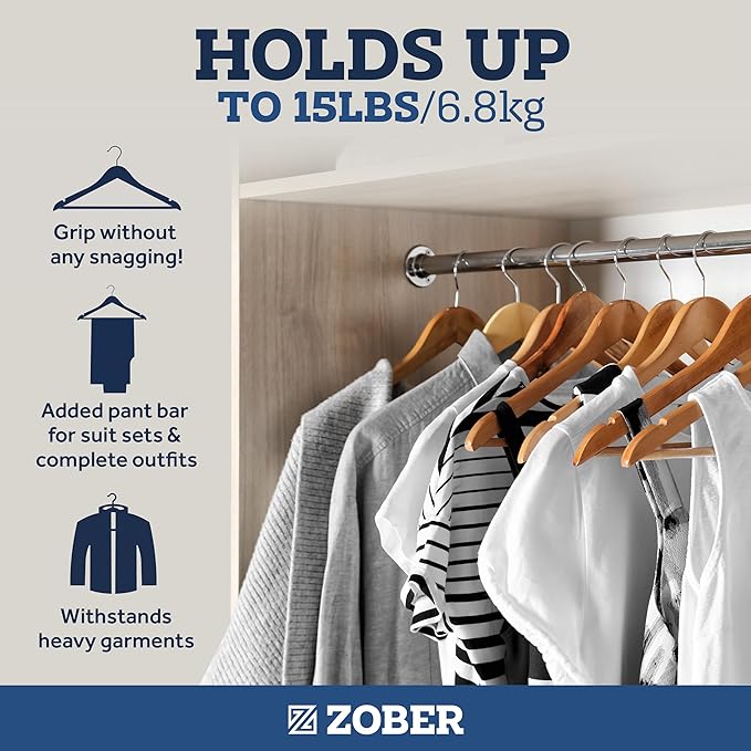 ZOBER High-Grade Wooden Hangers - Heavy Duty, Non Slip Wood Hangers for Coats, Jackets, Suits, & Pants - Clothes Hangers for Closet W/Bar and Notches 20 Pack