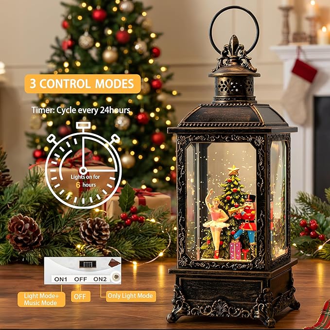 Christmas Snow Globe Lantern Water Glittering Nutcracker Ballerina with Music & Timer, USB Lined/Battery Operated Lighted Lantern for Christmas Festival Decoration Gifts
