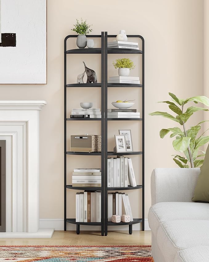 Hzuaneri Corner Shelf Stand, Corner Bookshelf, Plant Shelf, Corner Display Rack, Standing Shelf with Metal Frame for Living Room, Bathroom, Kitchen, Industrial Style, 6 Tier Black CS06604B