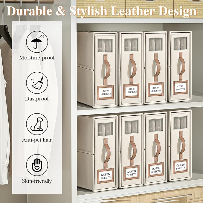 8 Pack Foldable Bed Sheets Set Organizers and Storage(King & Queen Size),Linen Fabric Closet Organizers with Window,Folding Bedding Storage Box for Bedsheets and Pillow Cube Organizer-Beige