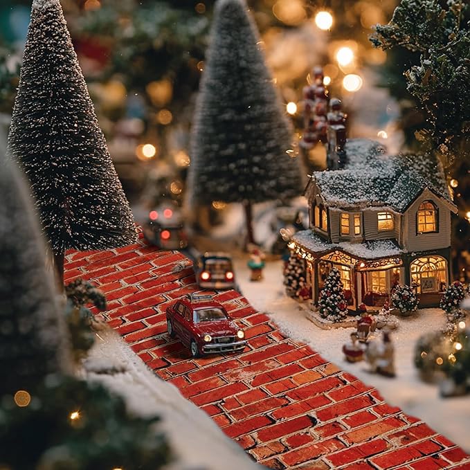 Iceyyyy 4 Pcs Christmas Village Red Brick Road-47.2 x 4.7 Inch Cuttable Christmas Village Landscape Road-Miniature Xmas Villages Accessories for DIY Home Garden Street Landscape Decorations