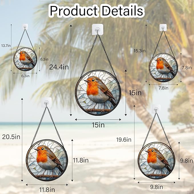 Stained Glass Window Hanging - Orange Grey Robin Sun Catcher for Door Garden Home Decor Bird Lovers Suncatcher Christmas Mother's Day Birthday Gifts for Women Men Mom Nana 7.8 in