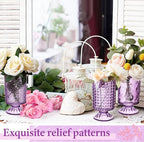 6 Pcs (H:7" W:4") Embossed Flower Vase Pedestal Glass Vase Big Base Thickened Crystal Vintage Vases for Valentines Day Wedding Home Decor Table Centerpiece House Warming Gifts(Purple)