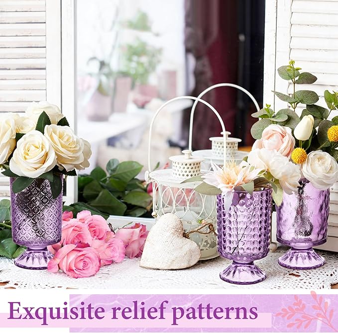 6 Pcs (H:7" W:4") Embossed Flower Vase Pedestal Glass Vase Big Base Thickened Crystal Vintage Vases for Valentines Day Wedding Home Decor Table Centerpiece House Warming Gifts(Purple)