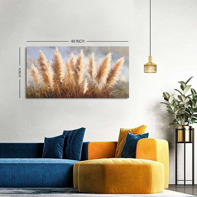 Vintage Boho Reed Canvas Wall Art Abstract Nature Plant Wall Decor Minimalist Botanical Prints Pictures Dried Reeds Flowers Poster Painting Artwork for Living Room Bedroom Home Decoration 24x48"