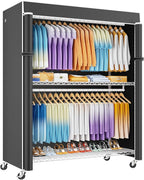 P8C Max Heavy Duty Clothes Rack（With Extended Width Design） Rolling Clothing Racks for Hanging Clothes with Lockable Wheels，51.2"W x 15.8"D x 80.5"H，Load 700LBS，White Rack with Black Cover