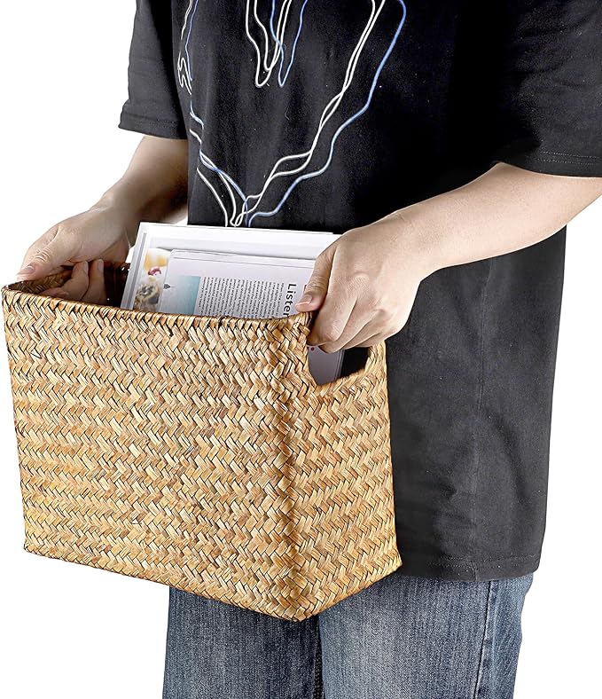 BTSKY Handwoven Magazine Holder, Natural Seagrass Magazine Basket with Metal Rack, Mail Holder Floor Organizer for Office, Living Room, Dorm, Bathroom, Woven Rattan File Basket with Handle(Caramel)