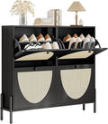 IRONCK Rattan Shoe Cabinet Storage with 4 Flip Drawers, Freestanding Shoe Storage Organizer Cabinet for Entryway, Narrow Shoe Rack Cabinet, Matte Black