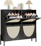 IRONCK Rattan Shoe Cabinet Storage with 4 Flip Drawers, Freestanding Shoe Storage Organizer Cabinet for Entryway, Narrow Shoe Rack Cabinet, Matte Black