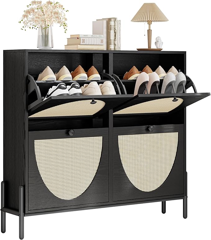 IRONCK Rattan Shoe Cabinet Storage with 4 Flip Drawers, Freestanding Shoe Storage Organizer Cabinet for Entryway, Narrow Shoe Rack Cabinet, Matte Black