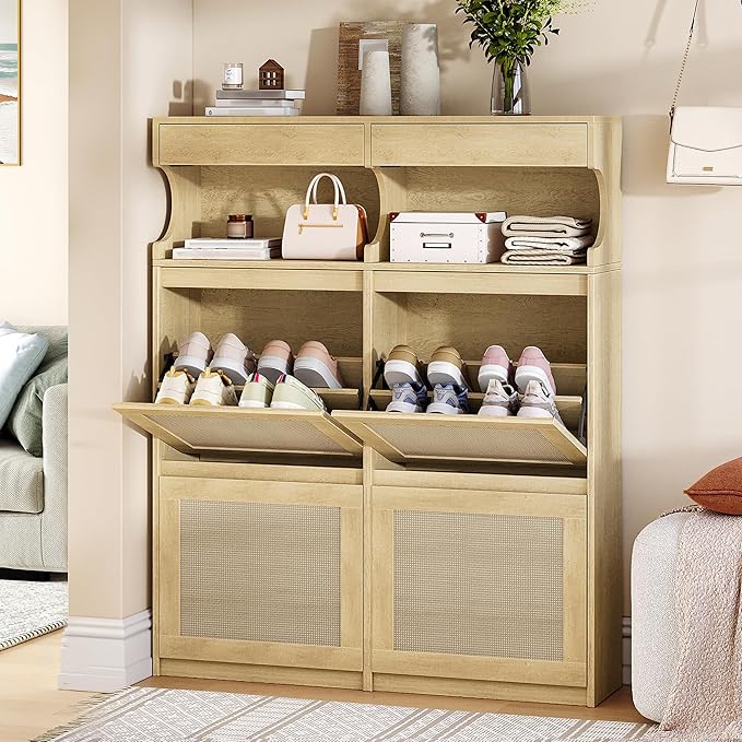 Shoe Cabinet with 4 Flip Drawers & 2 Top Drawers, Narrow Hidden Shoe Storage Cabinet for Entryway, Freestanding Shoes Organizer with Storage Space, 16-20 Pairs, for Hallway, Rattan SR57602Y