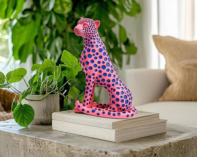 Quoowiit Statues for Home Decor, Modern Sculptures and Statues Decorations for Living Room, Bedroom, Table, Bookshelf, White Resin Leopard Art Decorative Sculpture with Black Polka Dots Design