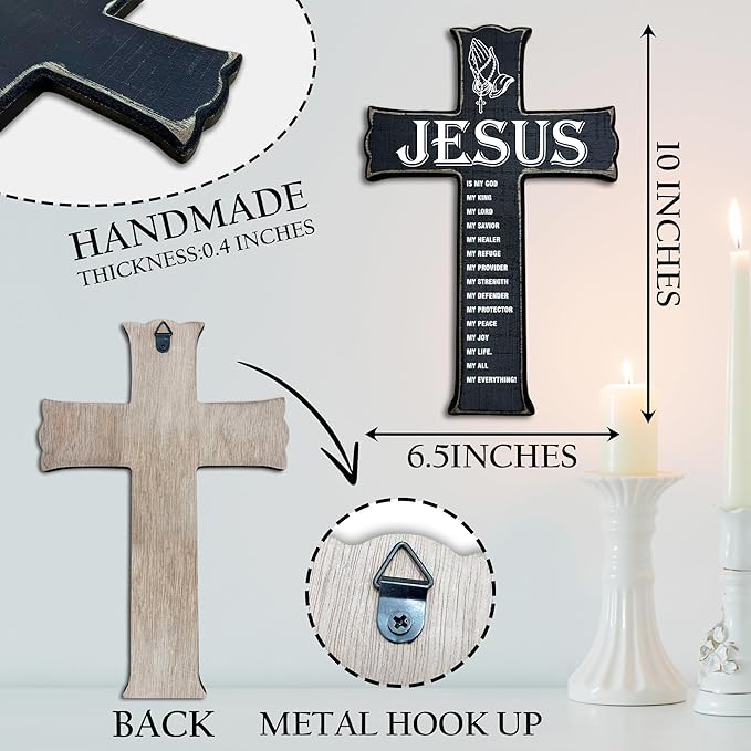 Cross Wall Decor - Black Scripture Wooden Cross For Wall - Gothic Wooden Hanging Signs Christian Easter Decor for Home Office Church Baptism - Christian Gifts for Men Women (Jesus) - A08