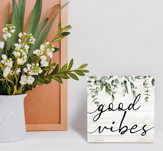 SRADMO Botanical Eucalyptus Leaves Wood Box Sign Desk Decor, Rustic Eucalyptus Leaves Wooden Block Box Sign Decoration For Home Shelf Table Office Decor 6x6 inches
