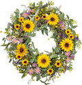 22 Inch Sunflower Wreaths for Front Door, Spring Summer Floral Wreath with Sunflowers, Purple Wildflowers and Lavender, Mixed Greenery for Indoor Outdoor Porch Wall Wedding Farmhouse Decor