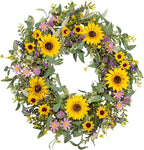 22 Inch Sunflower Wreaths for Front Door, Spring Summer Floral Wreath with Sunflowers, Purple Wildflowers and Lavender, Mixed Greenery for Indoor Outdoor Porch Wall Wedding Farmhouse Decor