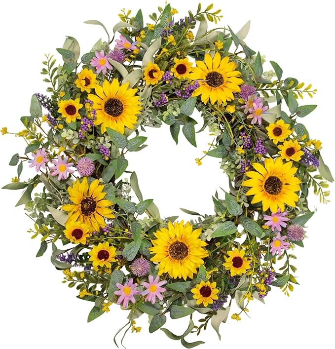 22 Inch Sunflower Wreaths for Front Door, Spring Summer Floral Wreath with Sunflowers, Purple Wildflowers and Lavender, Mixed Greenery for Indoor Outdoor Porch Wall Wedding Farmhouse Decor