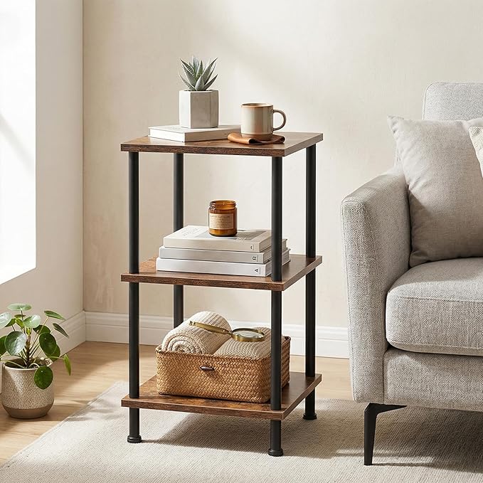 HOOBRO 3-Tier Corner Shelf Stand, Corner Square Rack Display Shelf, Tall Storage Plant Stand, Bookcase for Small Spaces, Living Room, Home Office, Kitchen, Rustic Brown and Black BF153CJ01