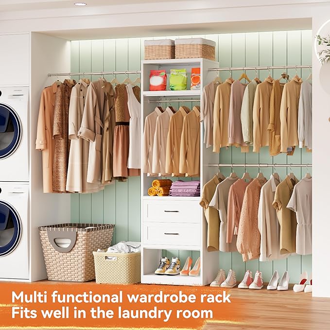 Metal Closet System, 4FT-8FT Closet Organizer System with 4 Expandable Hanging Rods and Metal Tower,79"H Walk in Closet System with 2 Drawers and Shelving,Built in Closet,Wall Mount,White