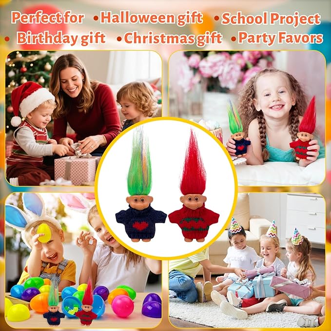 Retro Vintage Lucky Troll Dolls Assorted Hair Colors Chromatic Adorable for Collections, School Project, Arts and Crafts, Party Favors (Black)