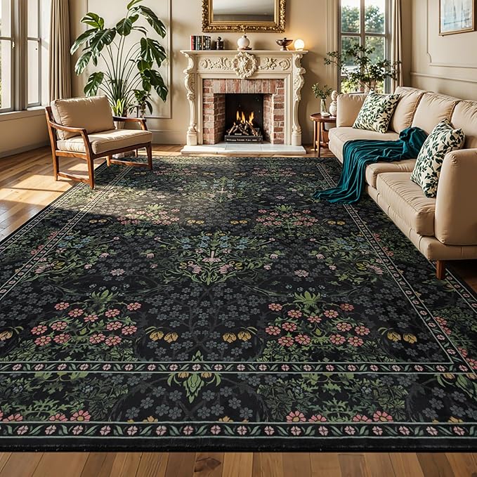 Lessymo Floral Extra Large Area Rug 10x14 for Living Room, Machine Washable Carpet for Bedroom, Soft Low Pile Non-Slip Rug for Dining Room Under Table, Boho Floral Design, Black Green
