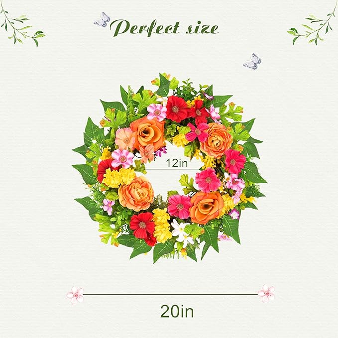 zjlmit 20 Inch Spring Wreath for Front Door, Artificial Silk Flower Wreath on Grapevine Base with Orange Rose-Style Blooms, Multicolor Floral Accents and Greenery, Indoor Wall Entryway Decor