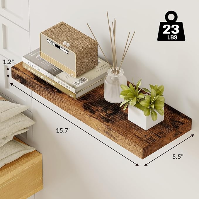 Fixwal 15.7in Floating Shelves, Set of 6 Wood Shelves, Farmhouse Shelf Wall Decor for Bathroom, Bedroom, Living and Kitchen Room (Rustic Brown)