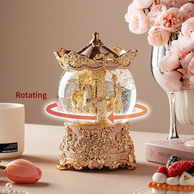 Carousel Musical Snow Globe Princess Unicorn Music Box for Girls Women Baby Kids Sister Daughter Mom Granddaughter Grandma Christmas Birthday Presents Gifts (Light Pink)