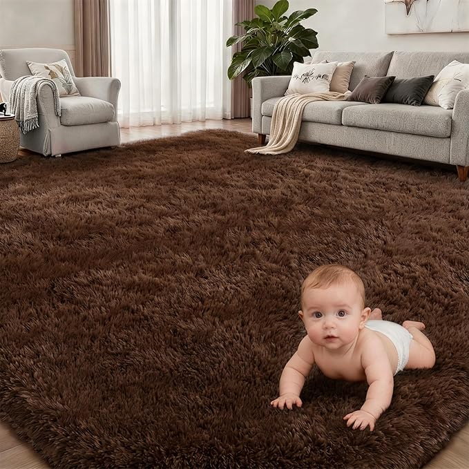 Fluffy 4x6 Area Rugs for Living Room Bedroom: Ultra Soft Shag Rug Non-Slip Non-Shedding Small Plush Bedside Rug Indoor Floor Carpets for Kids Room Playroom Entryway Nursery Dorms Home Decor Brown