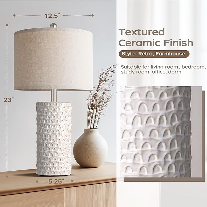 PARTPHONER 23" Modern Ceramic Table Lamp Set of 2, Table Lamps for Living Room, Rustic Farmhouse Bedside Lamps Nightstand lamp for Bedroom, White Desk Lamp for End Table Home Decor Beige
