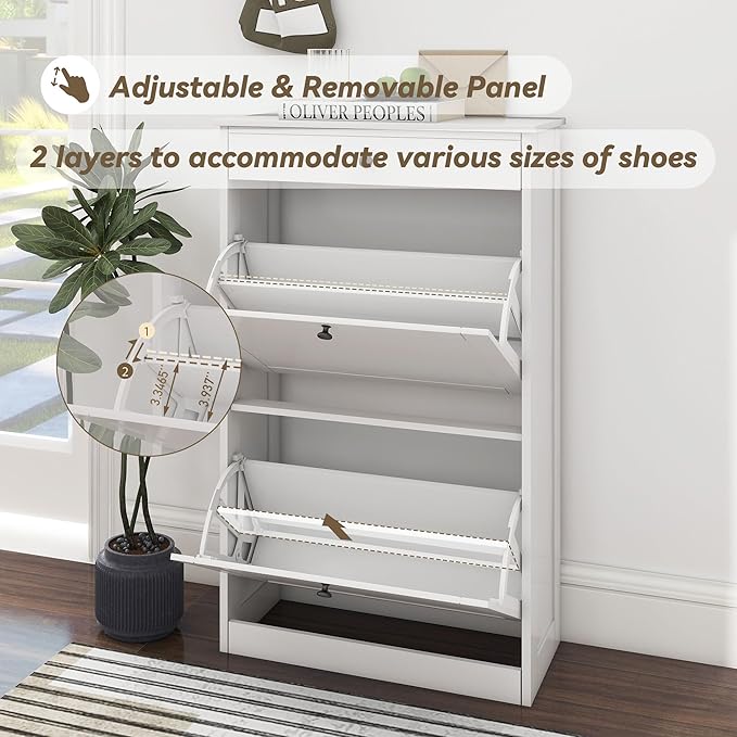Shoe Cabinet with 2 Flip Drawers, Slim Freestanding Hidden Shoe Organizer with Drawer, Pet-Proof Shoe Storage Cabinet for Entryway Living Room Behind The Door, White