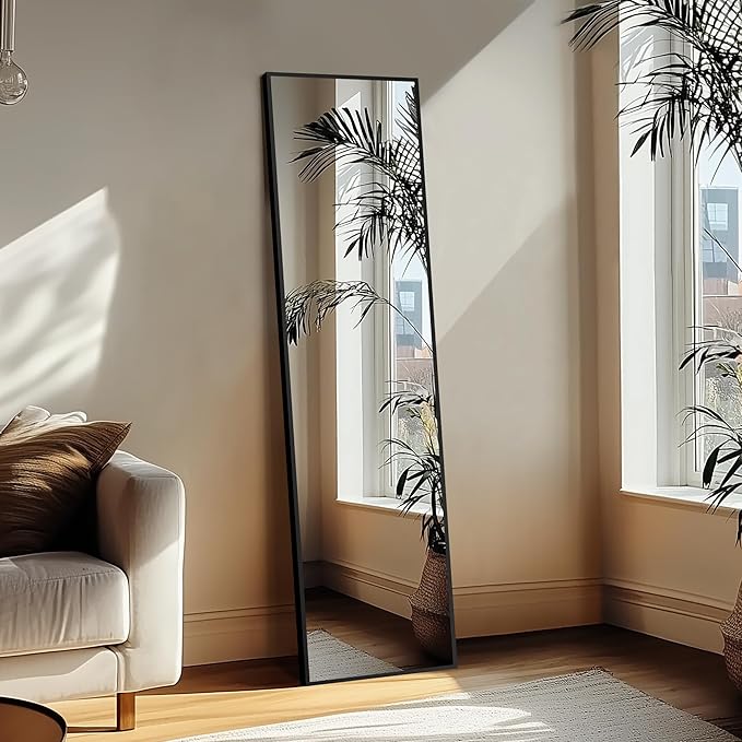 Delma Wall Full Length Mirror,Standing Mirror Full Body,Large Floor for Wall Door Bedroom Bathroom Living Room with Aluminium Frame(with Stand,56x15-Black)