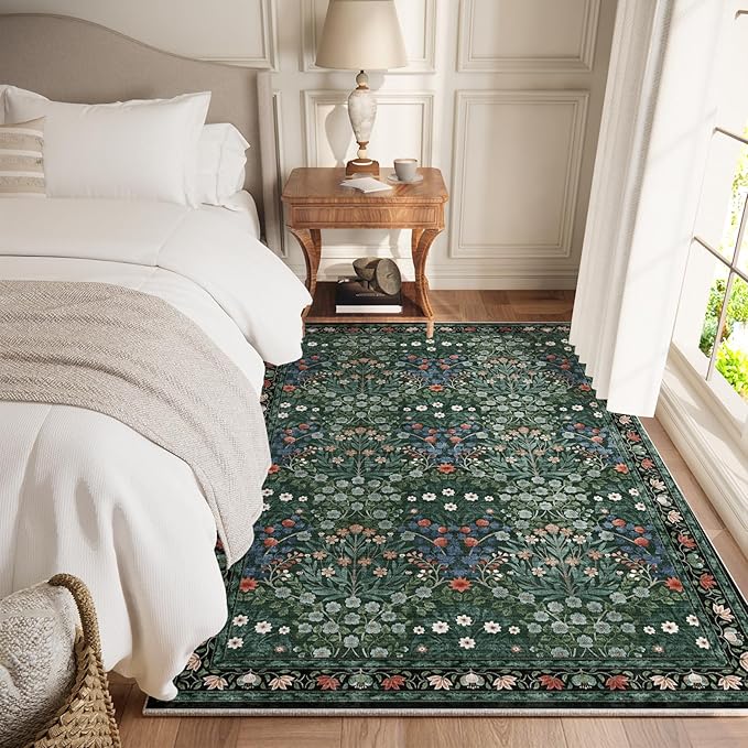 Dark Green 4x6 Washable Area Rug, Ultra Soft Non-Slip Stain Resistant, Floral Distressed Design for Living Room, Bedroom, Large Entryway & Kitchen