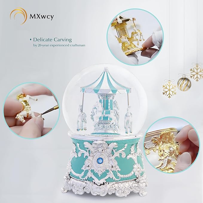 Carousel Music Box Silver Turquoise Christmas Snow Globes, 7.1" Glass Rotate Carousel Snow Globe for Kids & Adults, Classic Wind up Musical Snow Globe Valentines Day Gifts, Carousel Horse Home Decor