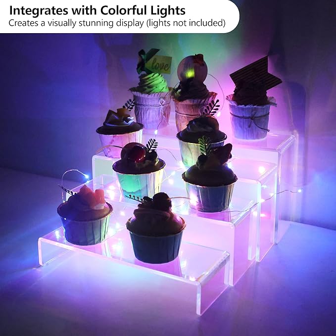 ELEGANTLIFE Acrylic Display Risers Set of 4, 4-Level Tiered Display Stands for Cupcakes, Small Figures & Jewelry, Compact Countertop Display Shelf, Multiple Colors Available (Iridescent)