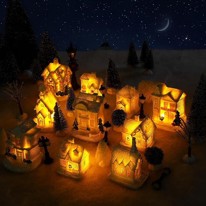 Shappy 48 Pcs Christmas Village Houses Town Buildings Accessories 10 Light up Christmas Village House 12 Mini Trees 12 LED Lights 2 Snow Blanket Box for DIY(Fresh Style)