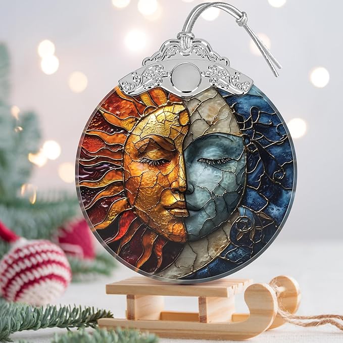 Stained Glass Suncatcher Ornament - Sun and Moon Christmas Decorations - Christmas Ornaments for Tree - Holiday Present Ideas - Gift Exchange