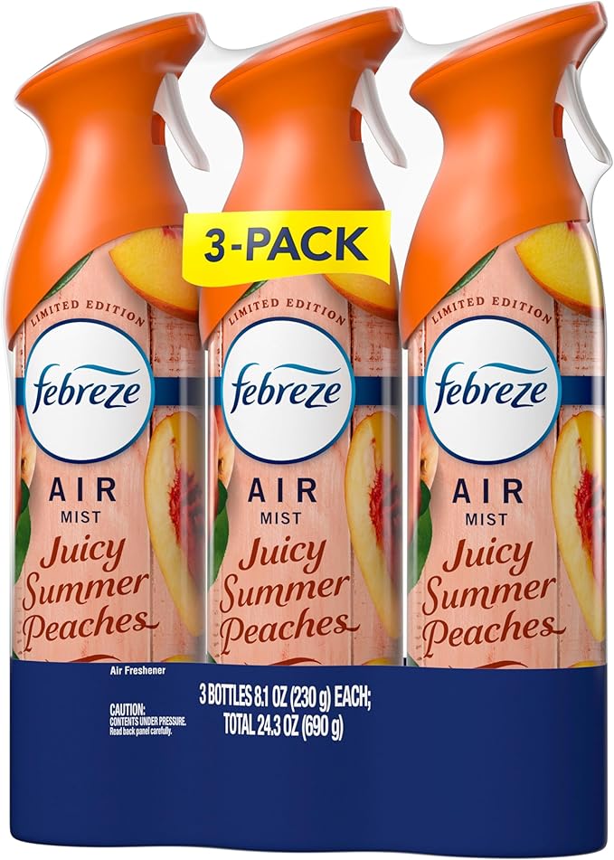 Febreze Air Mist, Air Freshener Spray, Odor Fighting Room Spray, Deodorizer for Home Bathroom Kitchen Office Apartment Dorm Room Classroom, Juicy Summer Peaches Scent, 8.1oz (Pack of 3)