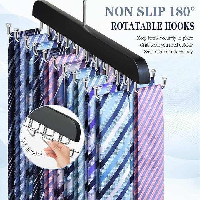 Tie Rack Belt Hanger for Closet Upgraded Non Slip Tie Hanger Space Saving with 20 Foldable Hooks Wooden Belt Tie Organizer for Tank Tops Bras Cami Scarves