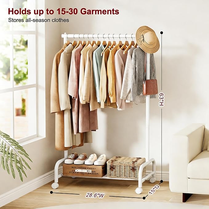SLEEPING LAMB Heavy Duty Clothing Racks for Hanging Clothes, Metal Rolling Clothes Rack with Wheels, Sturdy Garment Wardrobe Rack for Bedroom, Laundry Room, White