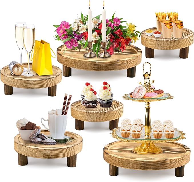 6PCS Wooden Risers for Display Wood Cake Stand for Party Round Food Risers for Buffet Wooden Holder Rustic Riser for Decor Tiered Tray Decor Home Kitchen (Light Brown, 6 PCS (8”, 6”, 5”))