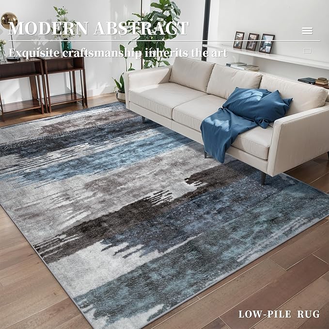 Ciicool Modern Abstract Deep Blue Gray Rug for Living Room, 4'x6' Machine Washable Area Rug Non-Slip Rug, Low-Pile Contemporary Indoor Dining Floor Carpet for Bedroom Office Under Table Home Decor