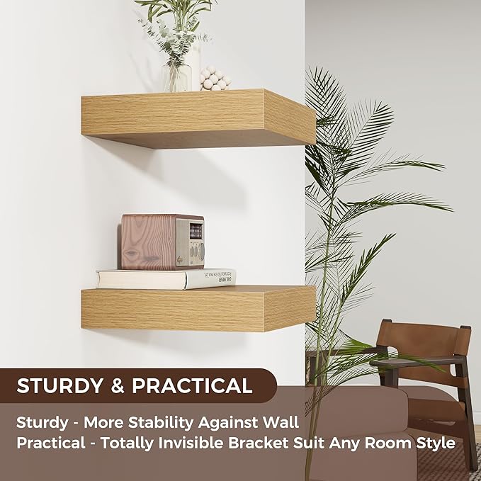 Venusmiles Square Floating Shelves for Wall, 12" W x 12" D x 2" H, 2 Pack of Small Wall Mounted Engineered Wood Shelves with Invisible Brackets for Living Room, Bedroom, Bathroom, Kitchen Decor, Oak