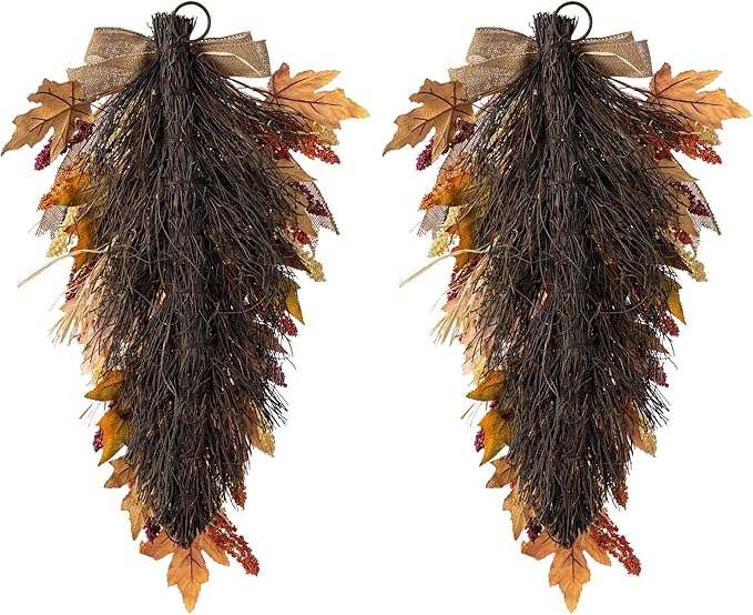 Glitzhome 2 Pcs 28'' Artificial Fall Teardrop Swags, Autumn Harvest Multi-Colored Sorghum Door Swag, Hanging Flower Wreath for Thanksgiving Fall Front Door Window Wall Decor
