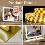 FENNIO Gold Vanity Mirror with Lights 22"x19", LED Lighted Makeup Mirror, Large Makeup Mirror, Make up Mirror with Lighting,Touch Screen with 3-Color Lighting,Dimmable,for Vanity Desk Tabletop