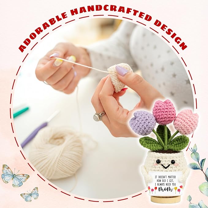 Gifts for Mom from Daughter Son - Cute Mothers Day, Birthday Gifts for Moms, Mother, Mama - 5.51'' x 4.13'' Mother's Day Knitted Positive Tulip Flowers Mom Crochet Doll