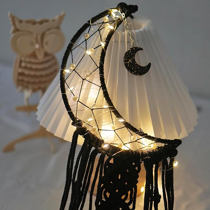 Dream Catcher with LED String Lights Handmade Boho Macrame Wall Hanging Woven Decoration Ornament with Photo Clips for Room Wedding Home Decor (Black Moon)