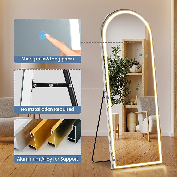 DUMOS Arched Full Length Mirror with Light, 26"x70" LED Floor Standing Mirror with 3 Color Lights & Wall Mounted for Bedroom, Dressing Room, Living Room, Bathroom